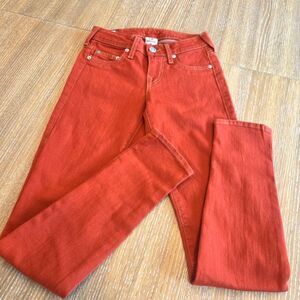 True Religion Women's Red Mid Rise Stretch Jean Skinny Flag Embroidery Size 24